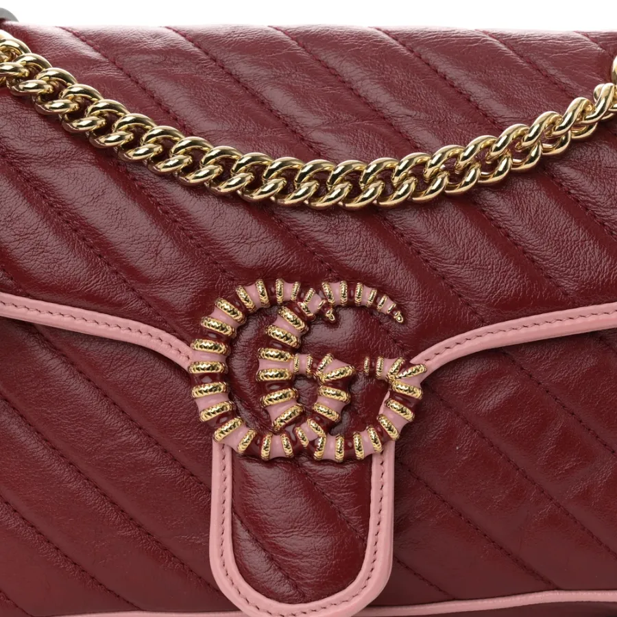 Gucci Small Diagonal Torchon GG Marmont Shoulder Bag New Cherry Red / Wild Rose Azalea Enamel Calfskin Matelassé Leather Gold Hardware