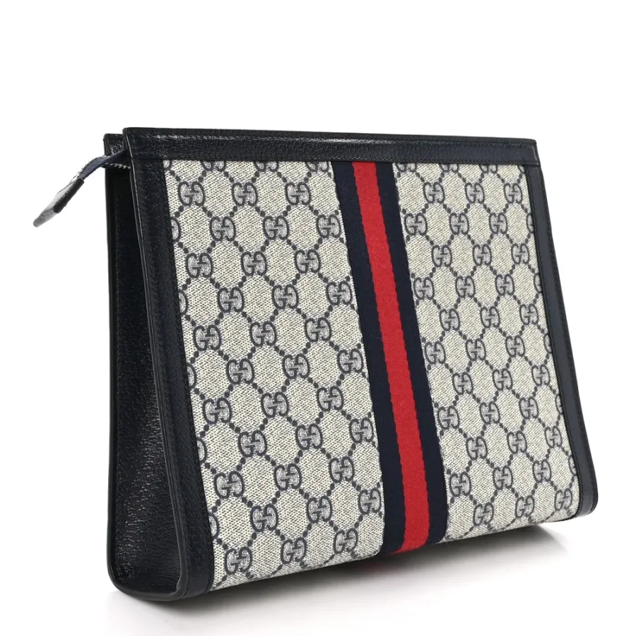 Gucci Small Web Ophidia Pouch Beige/Blue GG Supreme Monogram Canvas Gold Hardware