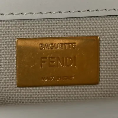 Fendi Extra Strap FF Embroidered Baguette White Ice Canvas & King Vitello Leather Gold Hardware