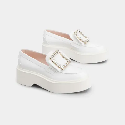 Roger Vivier Viv' Rangers Loafers In White Patent Leather With Crystal Buckle (Heel Height 5.5cm)