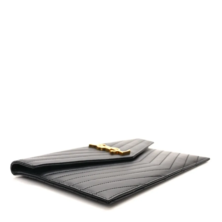 Saint Laurent Medium Uptown Clutch Black Chevron Monogram Calfskin Matelasse Leather Gold Hardware