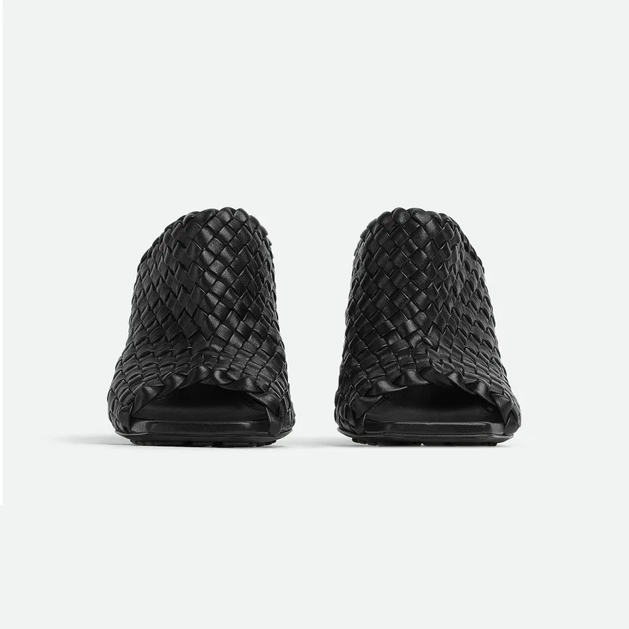 Bottega Veneta Knot Mule In Black Intrecciato Leather Mule With Gold Finished Metal Knot Heel (Heel Height 9cm)