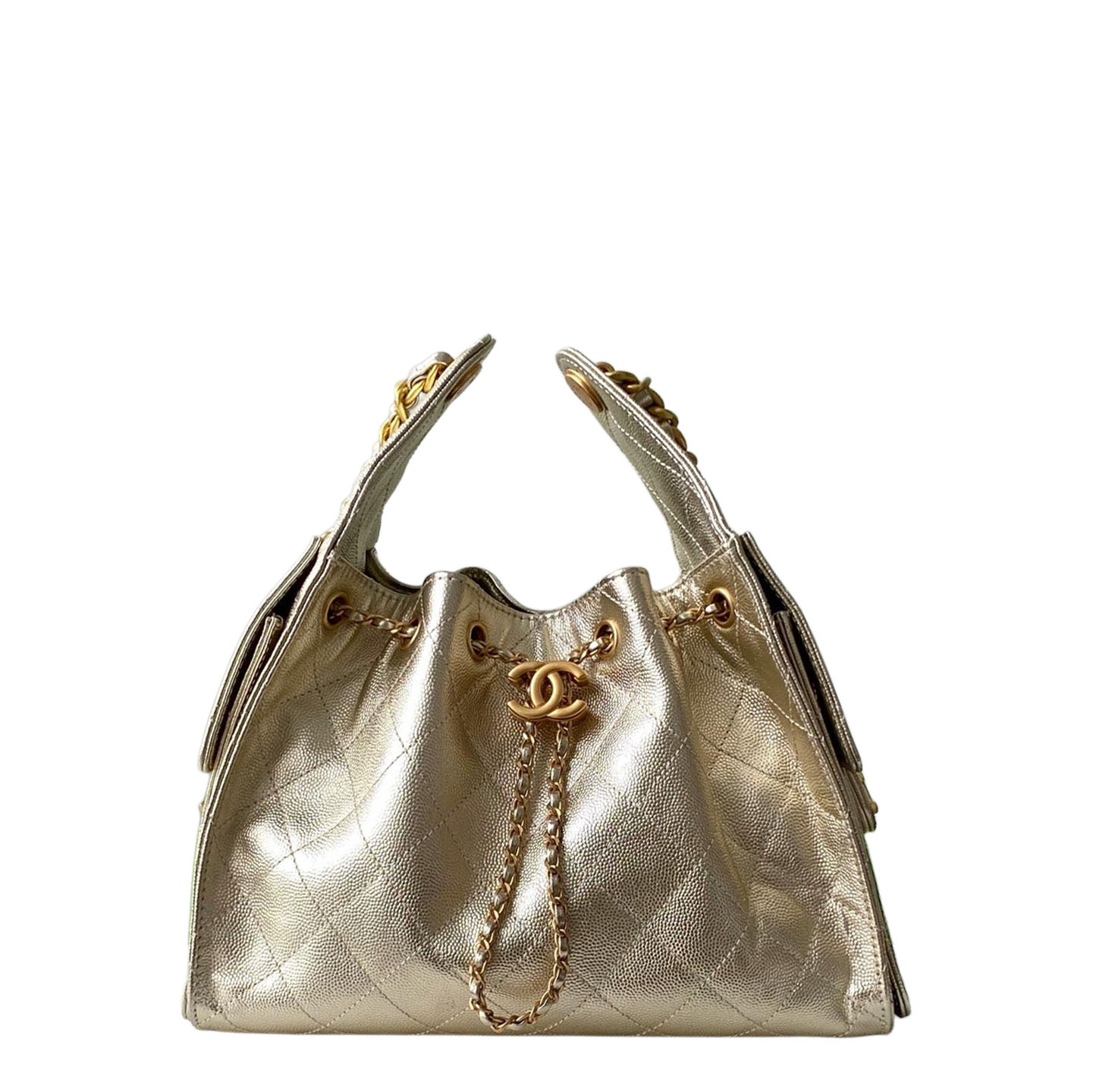 Chanel Bolsas de Ombro em Couro Acolchoado Dourado com Grãos