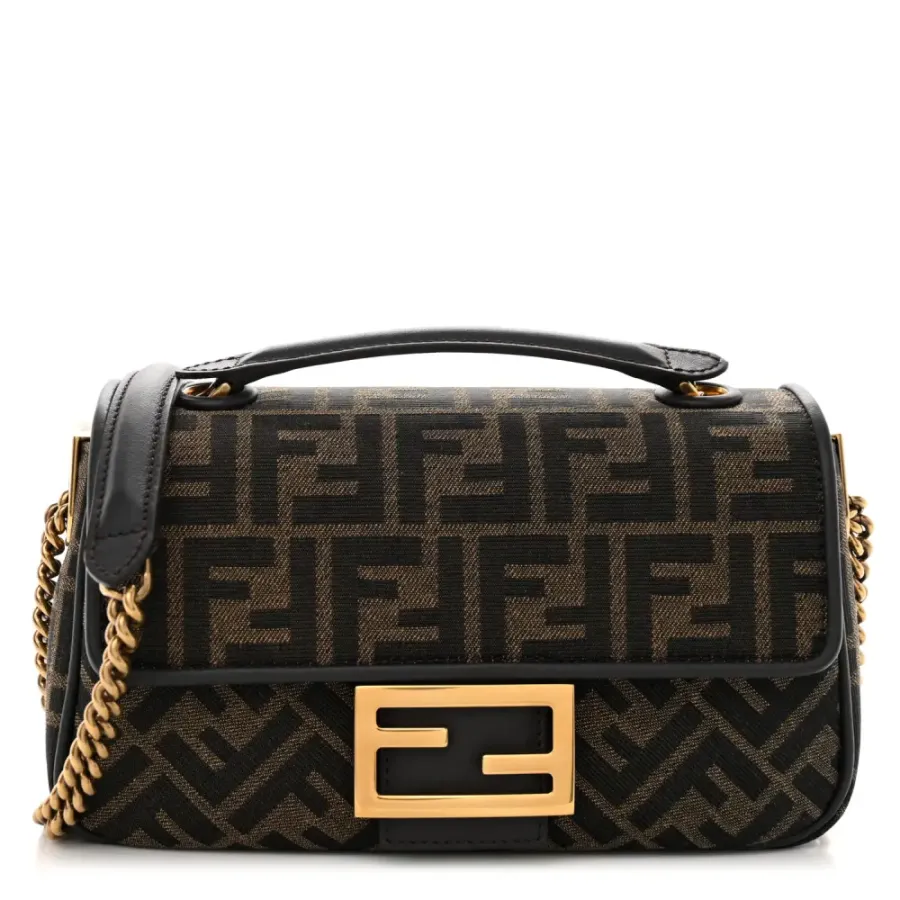 Fendi FF 1974 Midi Chain Baguette Tobacco/Moro Jacquard Fabric Aged Gold Hardware