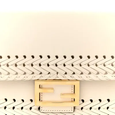 Fendi Ceylon Woven Baguette White Ice King Vitello Leather Gold Hardware