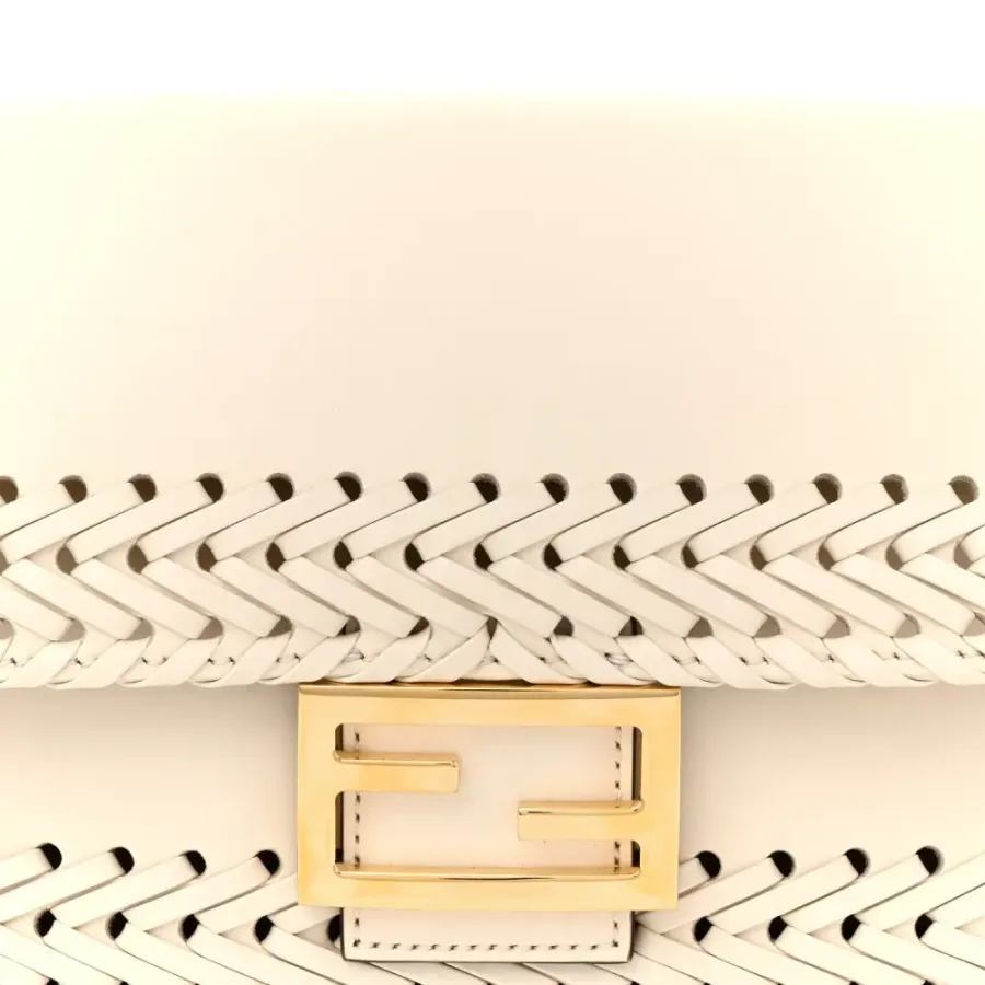 Fendi Ceylon Woven Baguette White Ice King Vitello Leather Gold Hardware