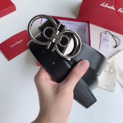 Ferragamo Men's Double Gancini Buckle Reversible Belt In Black/Brown/Coffee Calfskin With Gold/Silver/Black Hardware 35mm