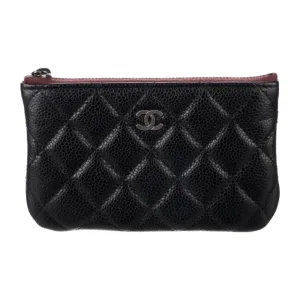 Chanel Medium Interlocking CC Logo Wallet Black Quilted Caviar Leather Silver Hardware
