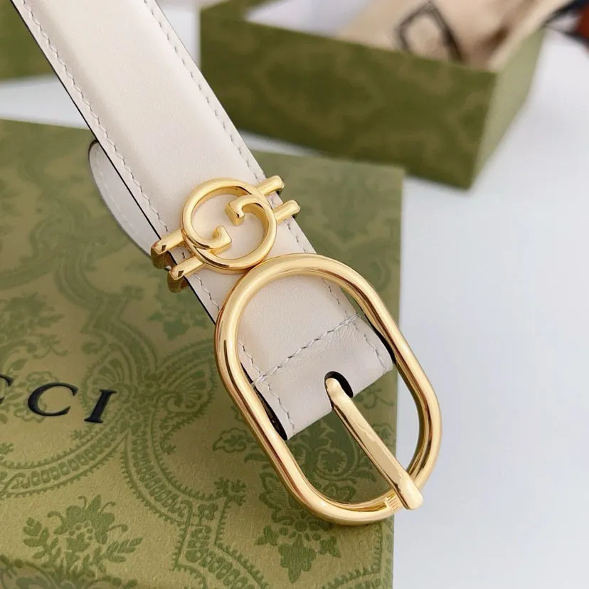 Gucci Women's Oval Belt In Black/White Calfskin With Gold Hardware 25mm