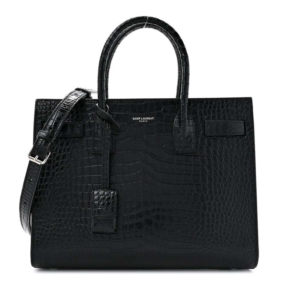 Saint Laurent Small Sac De Jour em Couro de Bezerro Relevado Preto e Couro de Crocodilo com Acabamento em Prata