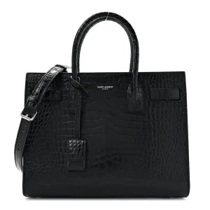 Saint Laurent Small Sac De Jour Black Embossed Calfskin & Crocodile Leather Silver Hardware