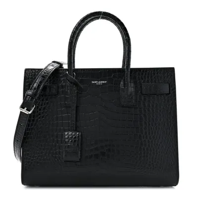 Saint Laurent Small Sac De Jour Black Embossed Calfskin & Crocodile Leather Silver Hardware