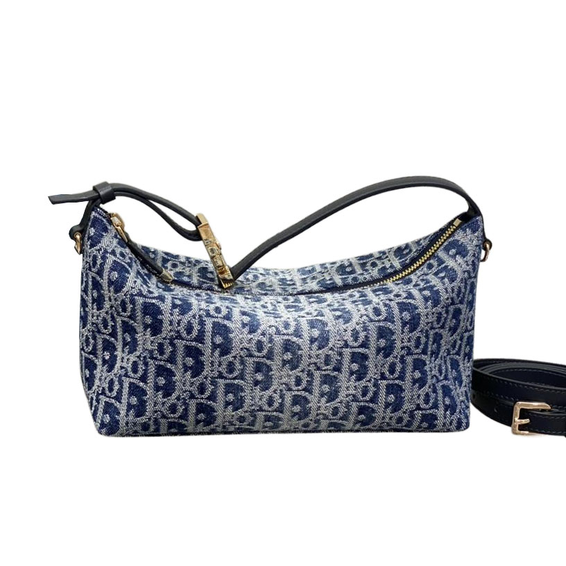 Dior Bolsa Pequena D-Journey em Azul Jeans Jacquard Dior Oblique com Acabamentos Dourados