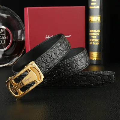 Ferragamo Men's Square Buckle Belt In Black Gancini Monogram Calfskin With Gold/Silver Hardware 35mm