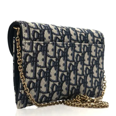 Dior Small Saddle Long Wallet With Chain Blue Oblique Canvas Brass Hardware