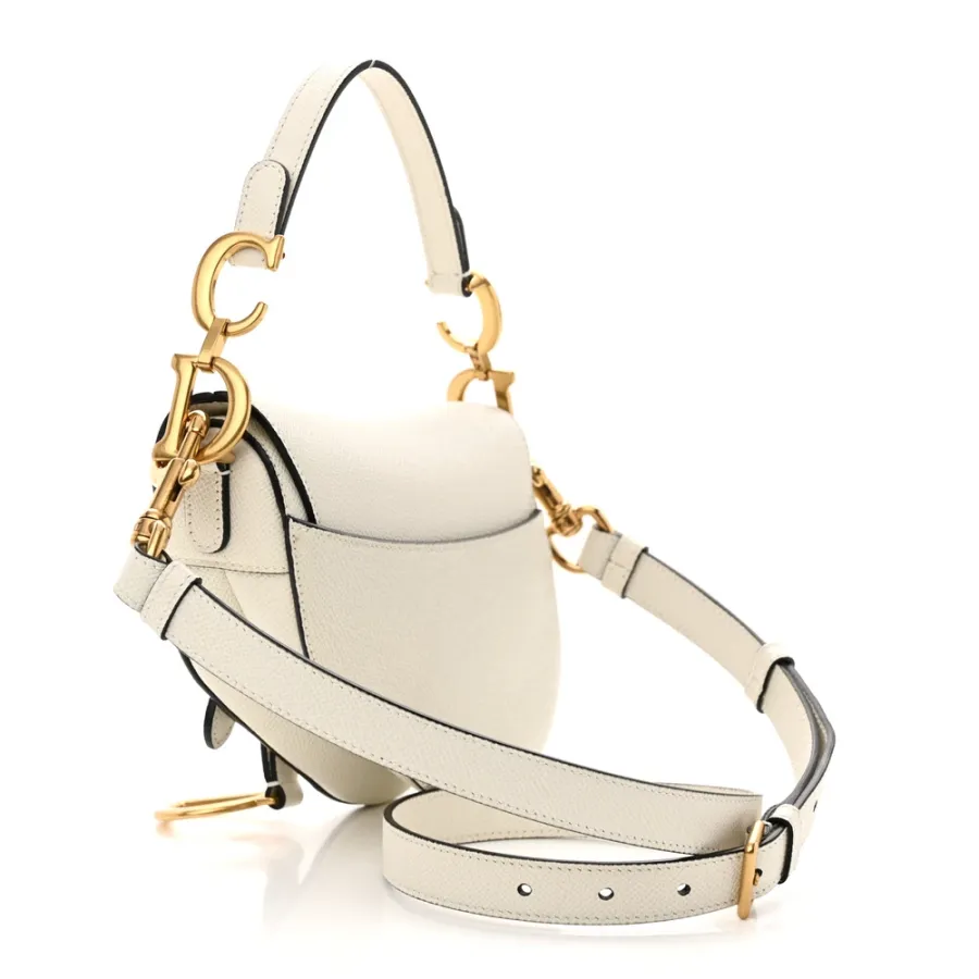 Dior Mini Saddle Bag With Strap White Grained Calfskin Leather Brass Hardware