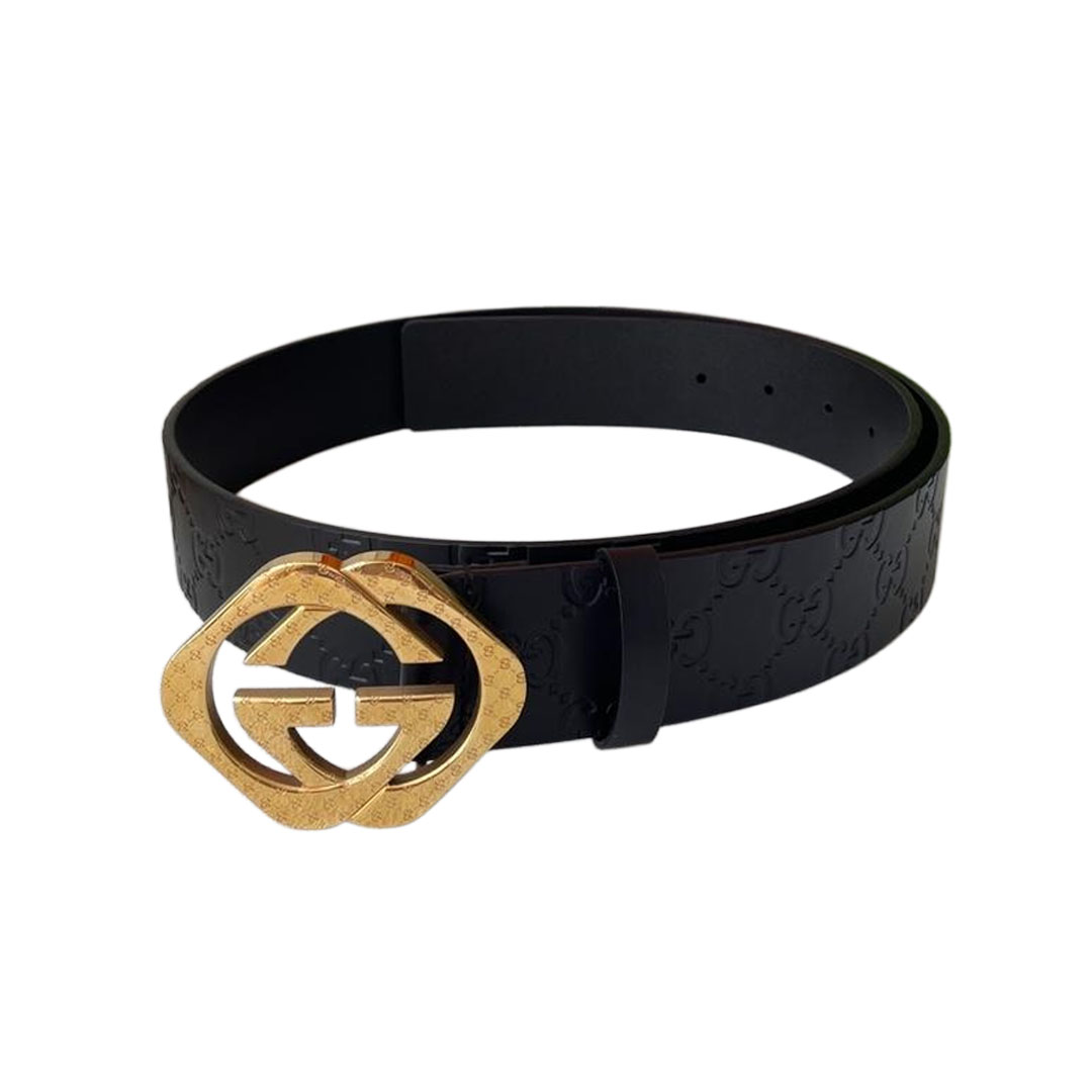 Cinto Gucci Masculino Quadrado com Fivela Double G em Monograma Calfskin Preto com Hardware Dourado/Prateado 40mm