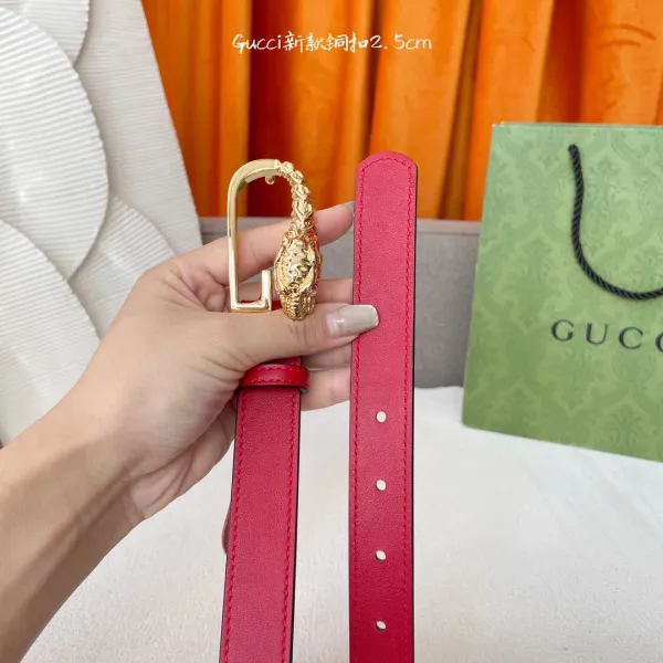 Gucci Women's G Buckle Belt In Pink/Red/Black Calfskin With Gold Hardware 25mm - Image 6