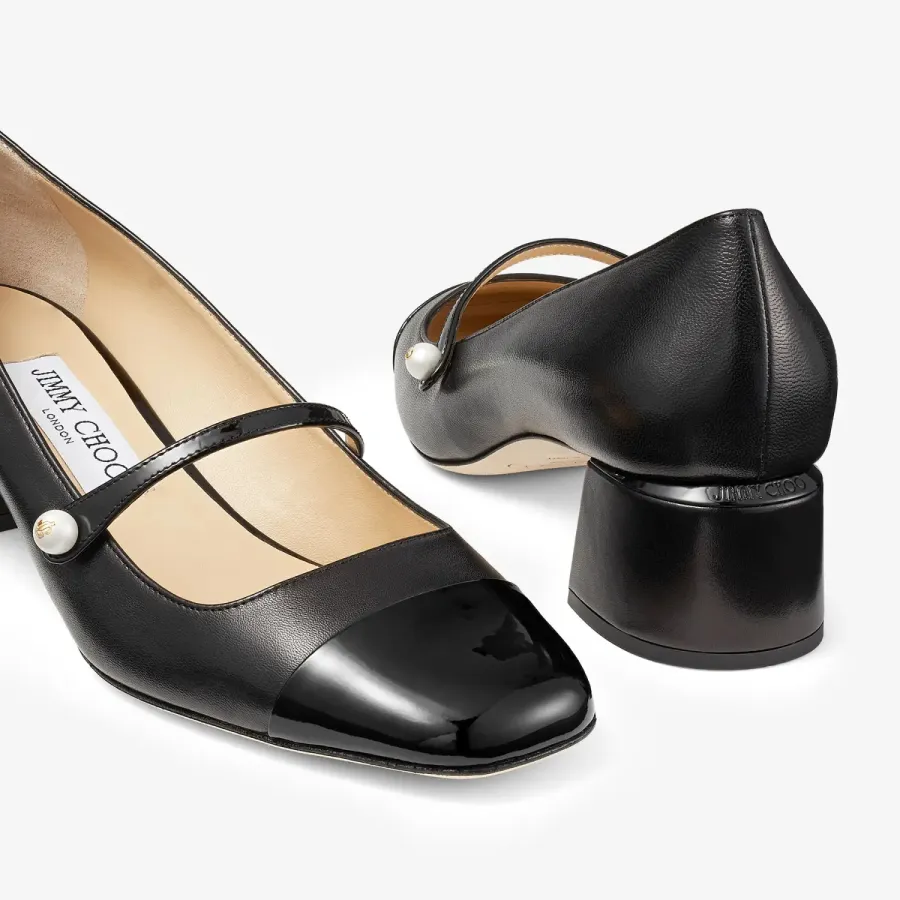 JIMMY CHOO Black leather and Patent paint leather heels Square head and thick heel shoes