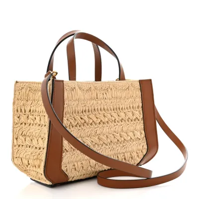 Valentino Garavani Small VLogo Signature Tote Natural/Saddle Brown Raffia & Calfskin Leather Gold Hardware