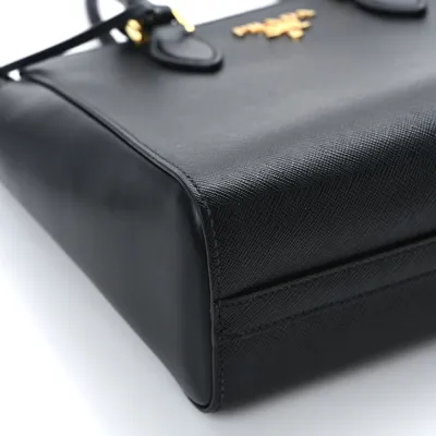 Prada Small Zippered Tote Bag Black Saffiano Soft Calfskin Leather Gold Hardware