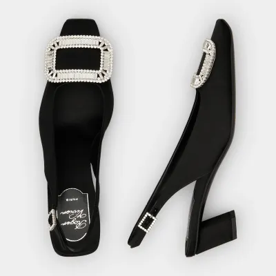 Roger Vivier Belle Viver Slingback Pumps High Heels In Black Satin With Crystal Buckle (Heel Height 4.5cm)