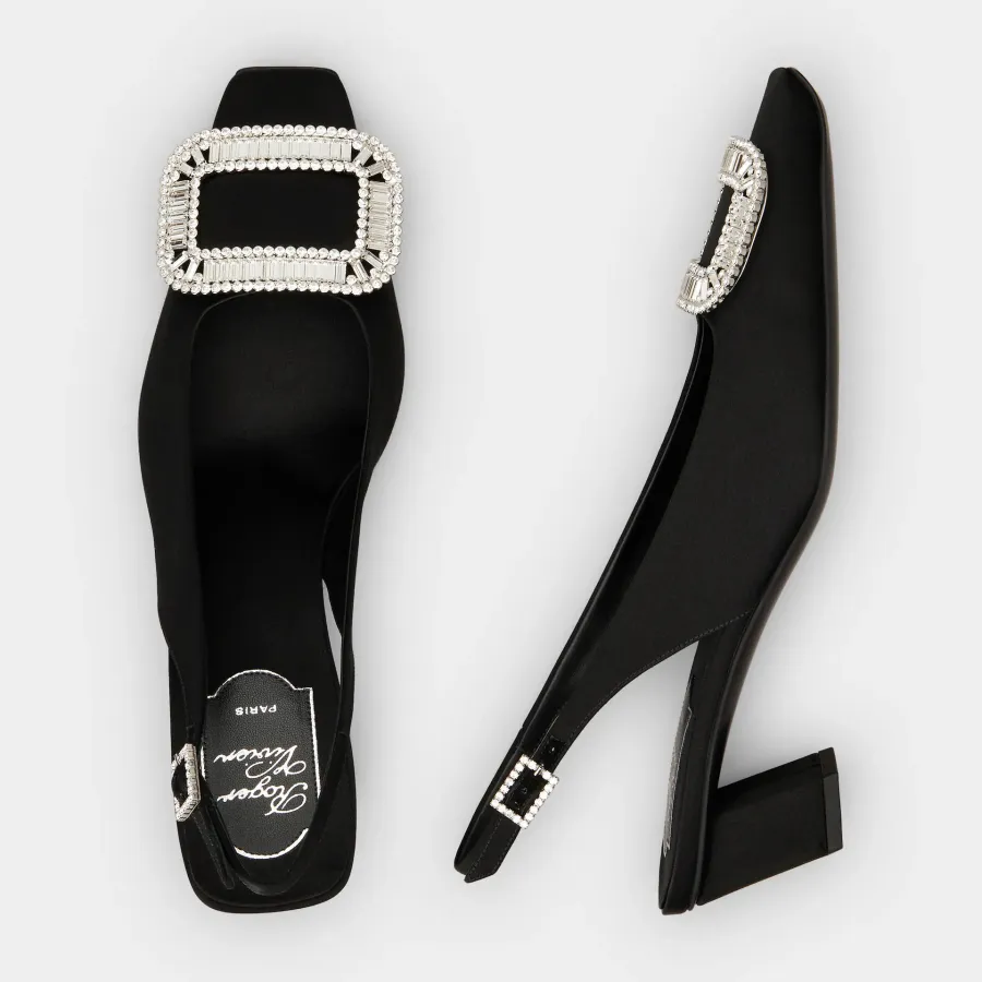Roger Vivier Belle Viver Slingback Pumps High Heels In Black Satin With Crystal Buckle (Heel Height 4.5cm)
