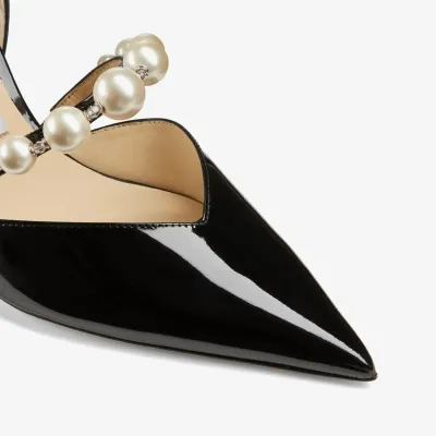 JIMMY CHOO Pearl embellished black lacquered leather pointed high heels shoes