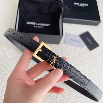 Saint Laurent Cassandre Belt In Black Crocodile-Embossed Calfskin With Gold/Silver/Black Hardware 20mm