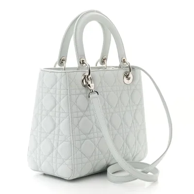 Dior Medium Lady Dior White Grained Cannage Calfskin Leather Silver Hardware