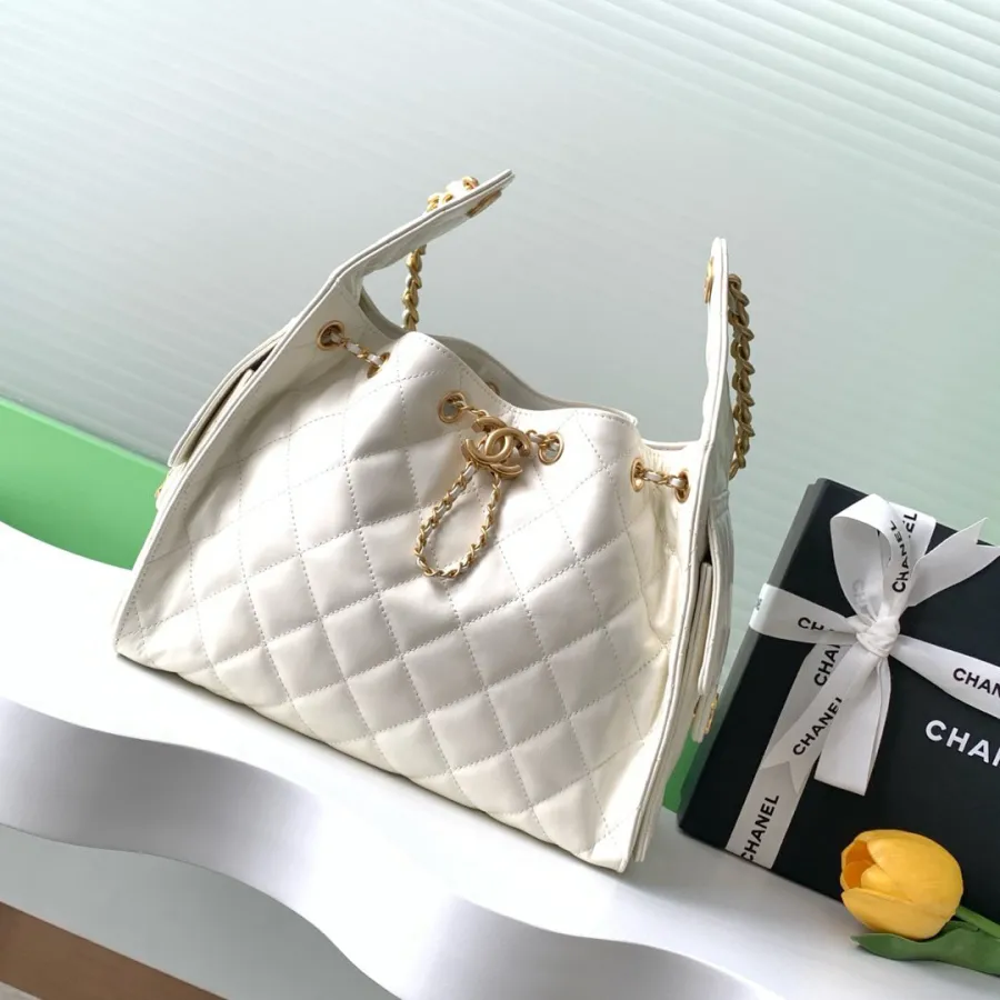 Chanel White Quilted Shiny Calfskin Leather  Shoulder Bags