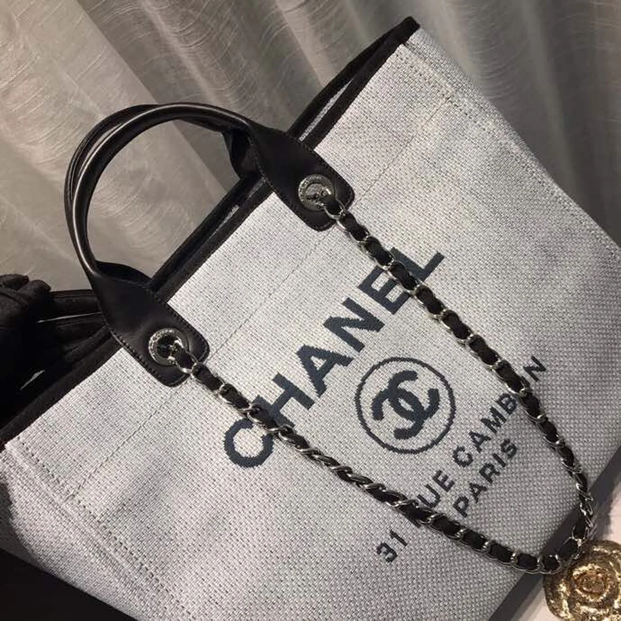 Chanel Deauville Tote Canvas Bag Light Grey For Women, Women’s Handbags, Shoulder Bags 15in/38cm A66941