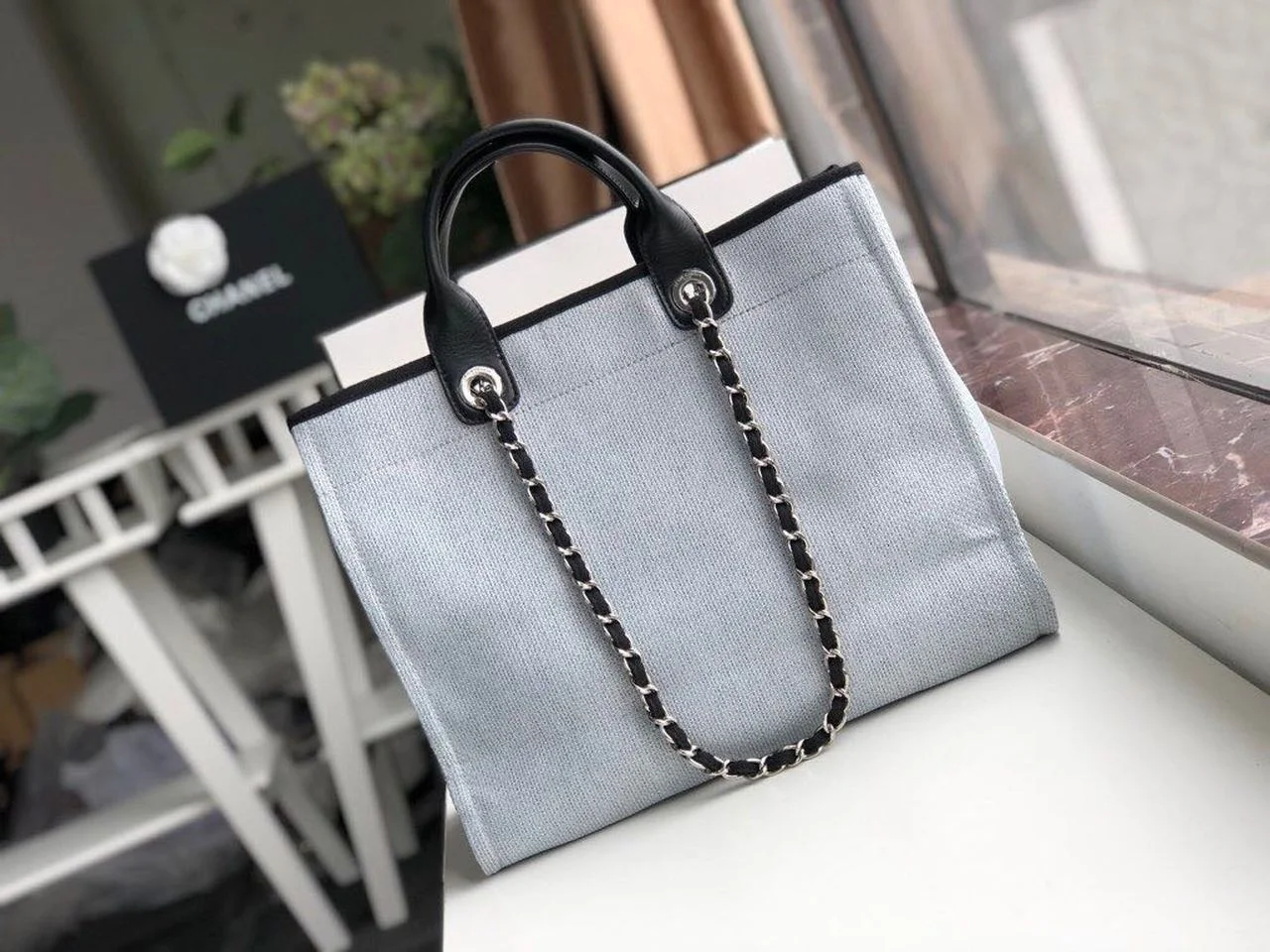 Chanel Deauville Tote 38cm White Gray For Women A66941