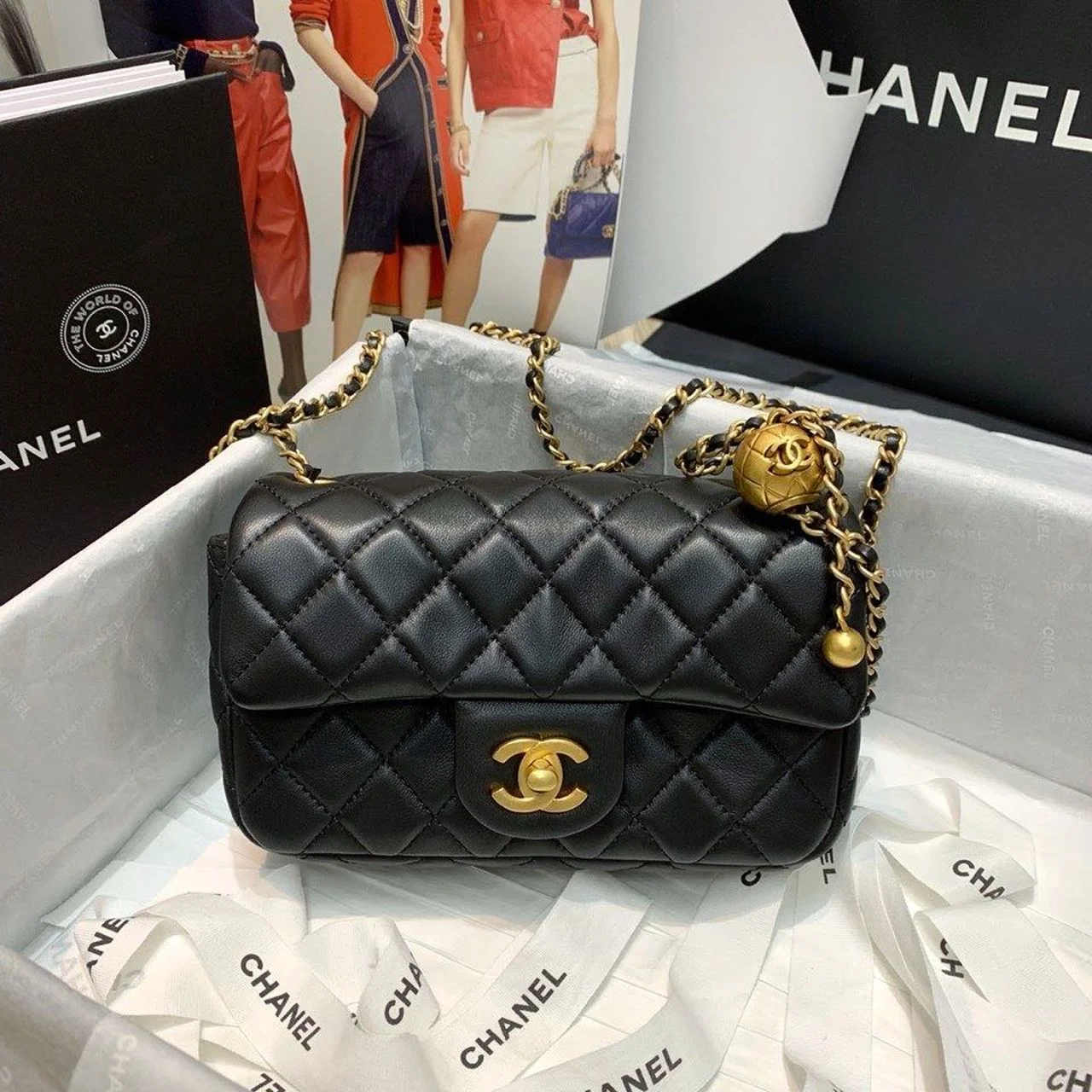 Chanel Flap Bag With CC Ball On Strap Black For Women, Women’s Handbags, Shoulder And Crossbody Bags 7.8in/20cm AS1787