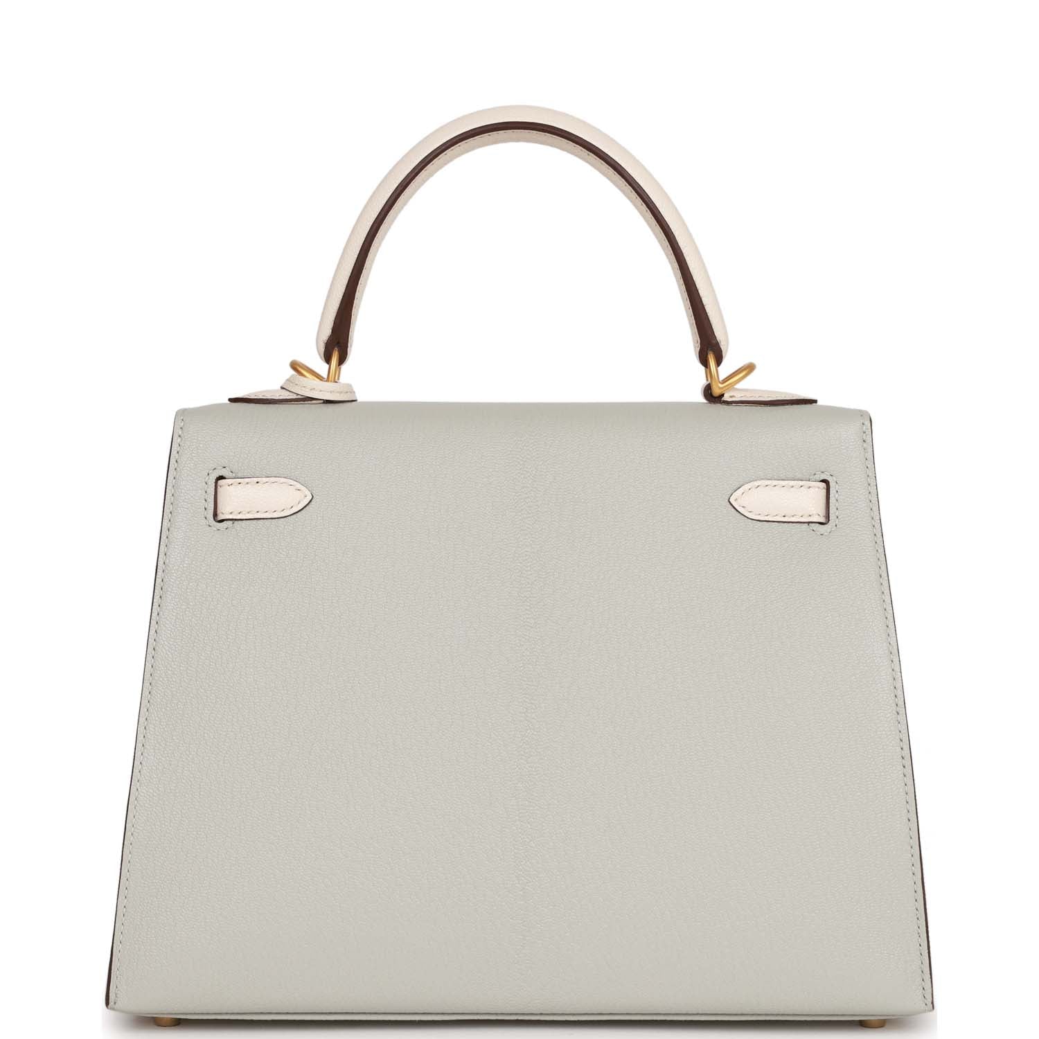 Hermes Special Order (HSS) Kelly Sellier 25 Gris Perle and Nata Chevre Brushed Gold Hardware