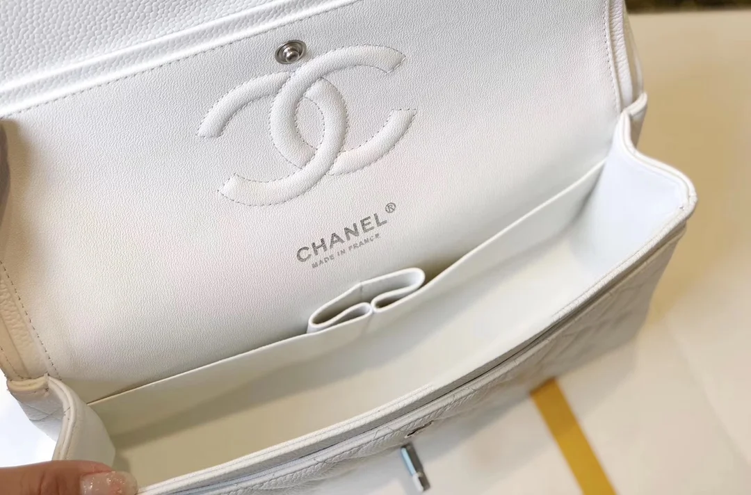 Chanel Classic Medium Flapbag Silver Hardware White 10in/25.5cm