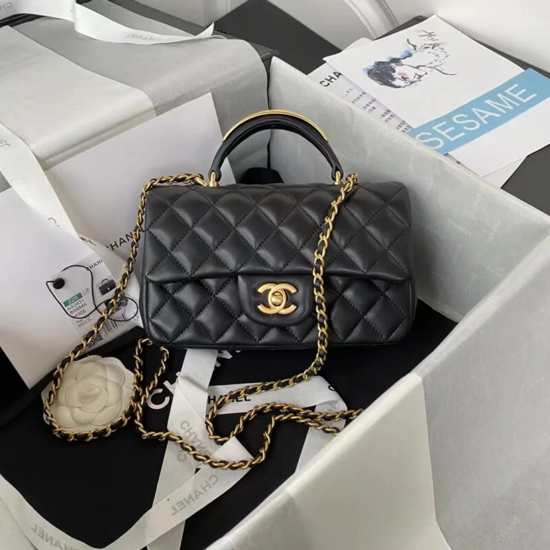 Chanel Lambskin Mini Flap Bag With Top Handle Black As2431