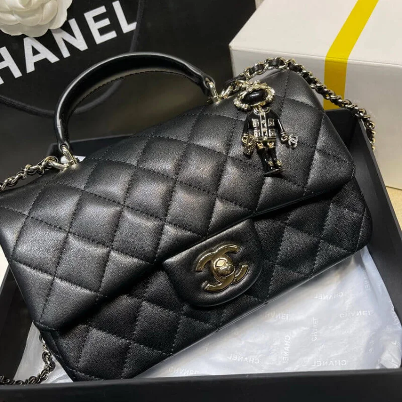 Chanel Lambskin Mini Flap Bag With Top Handle Black As2431 With Charms