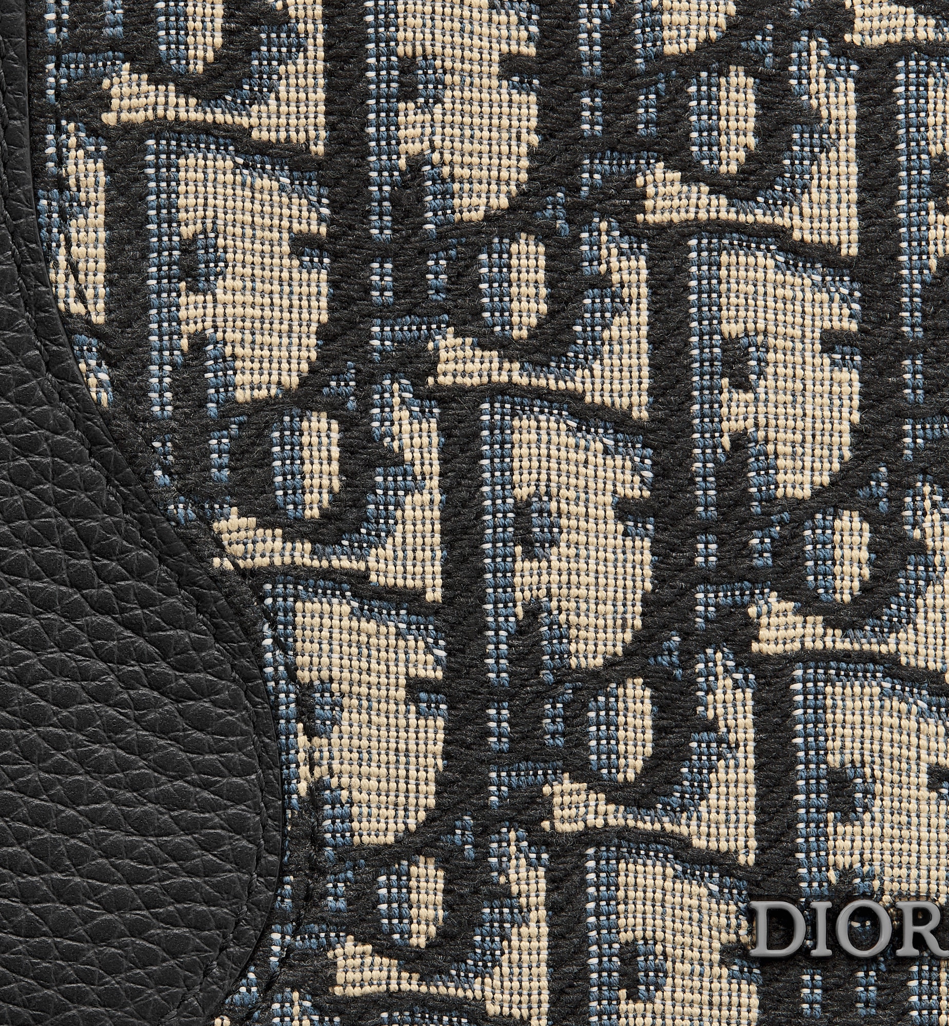 Saddle Bifold Card Holder Black Grained Calfskin Marquetry with Beige and Black Oblique Jacquard