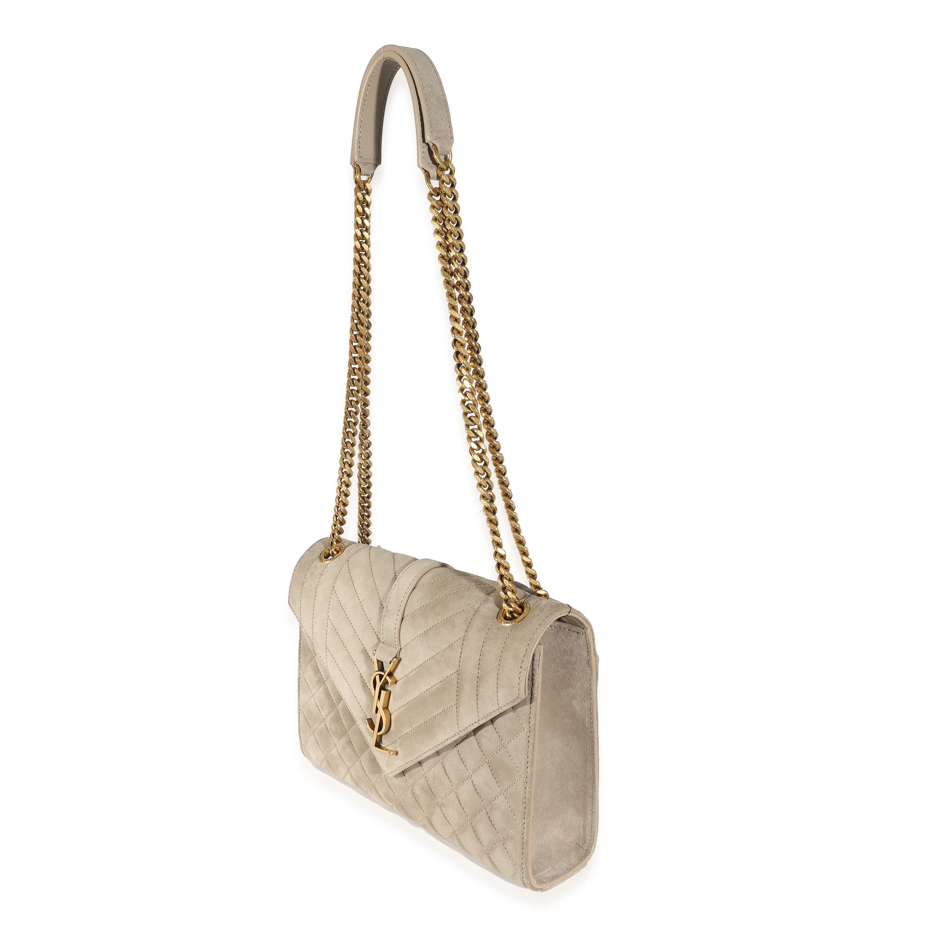 Saint Laurent Beige Suede Mixed Matelasse Triquilt Medium Monogram Envelope Satc