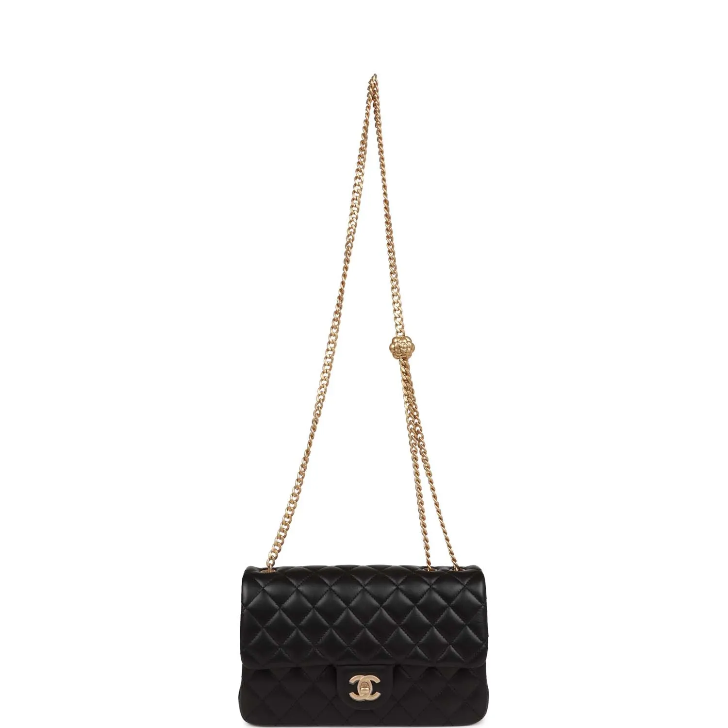 Medium Camellia Crush Flap Bag Black Lambskin Antique Gold Hardware