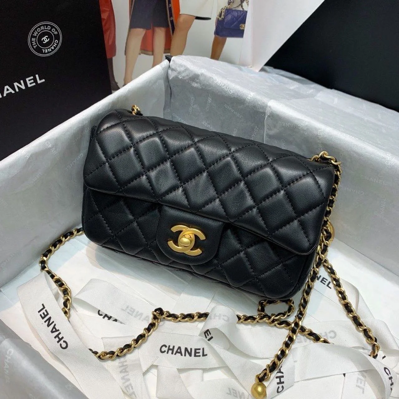 Chanel Flap Bag With CC Ball On Strap Black For Women, Women’s Handbags, Shoulder And Crossbody Bags 7.8in/20cm AS1787