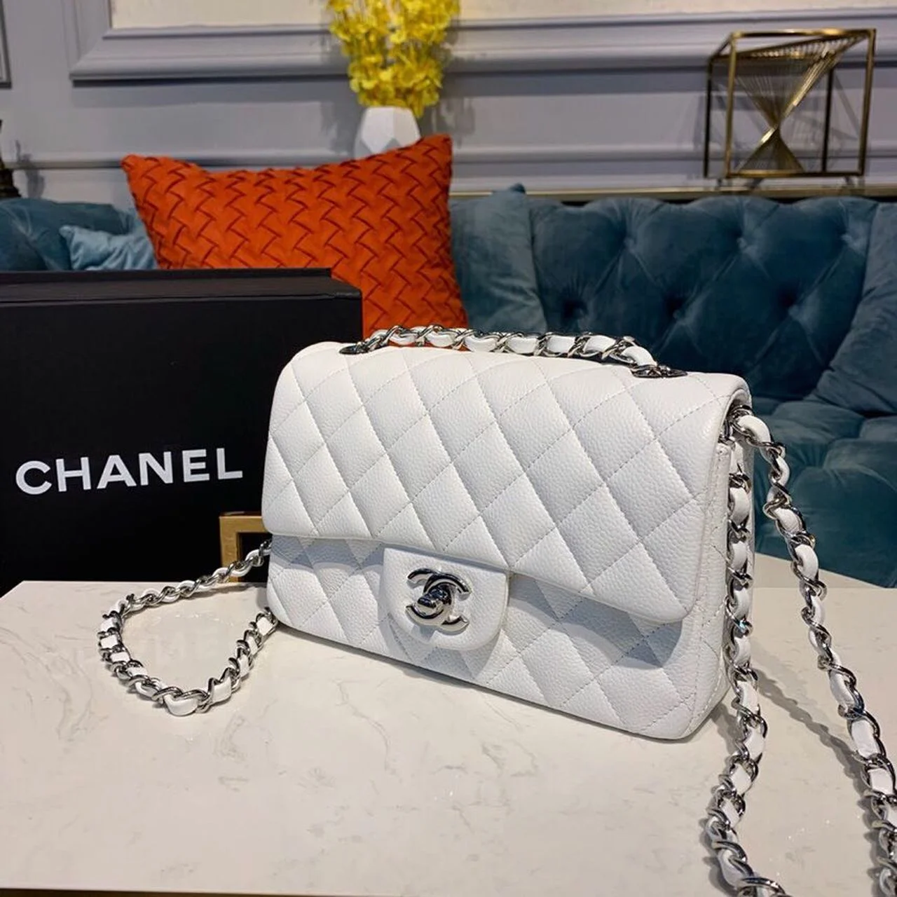 Chanel Small Classic Handbag Silver Hardware White For Women, Women’s Bags, Shoulder And Crossbody Bags 7.8in/20cm A01113