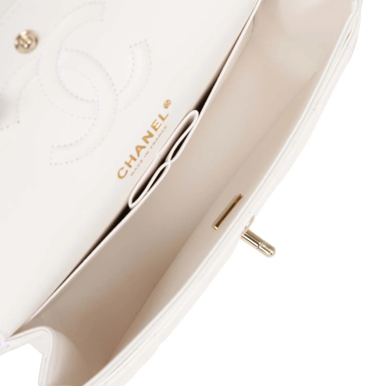 Small Classic Double Flap Bag White Caviar Light Gold Hardware