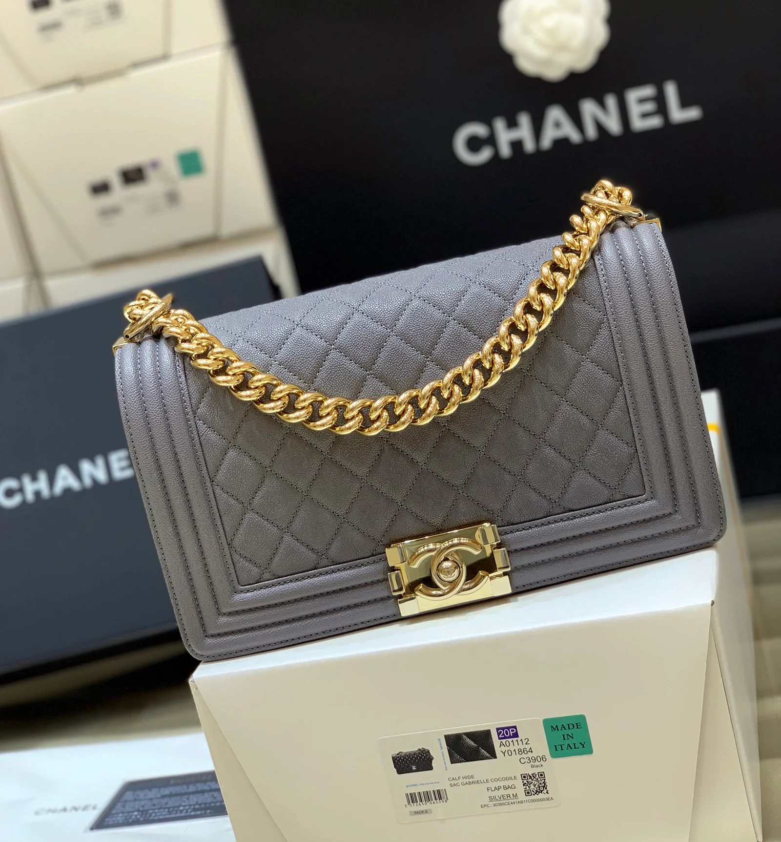 Chanel Boy Handbag Dark Grey Gold Toned Hardware For Women 9.8in/25cm