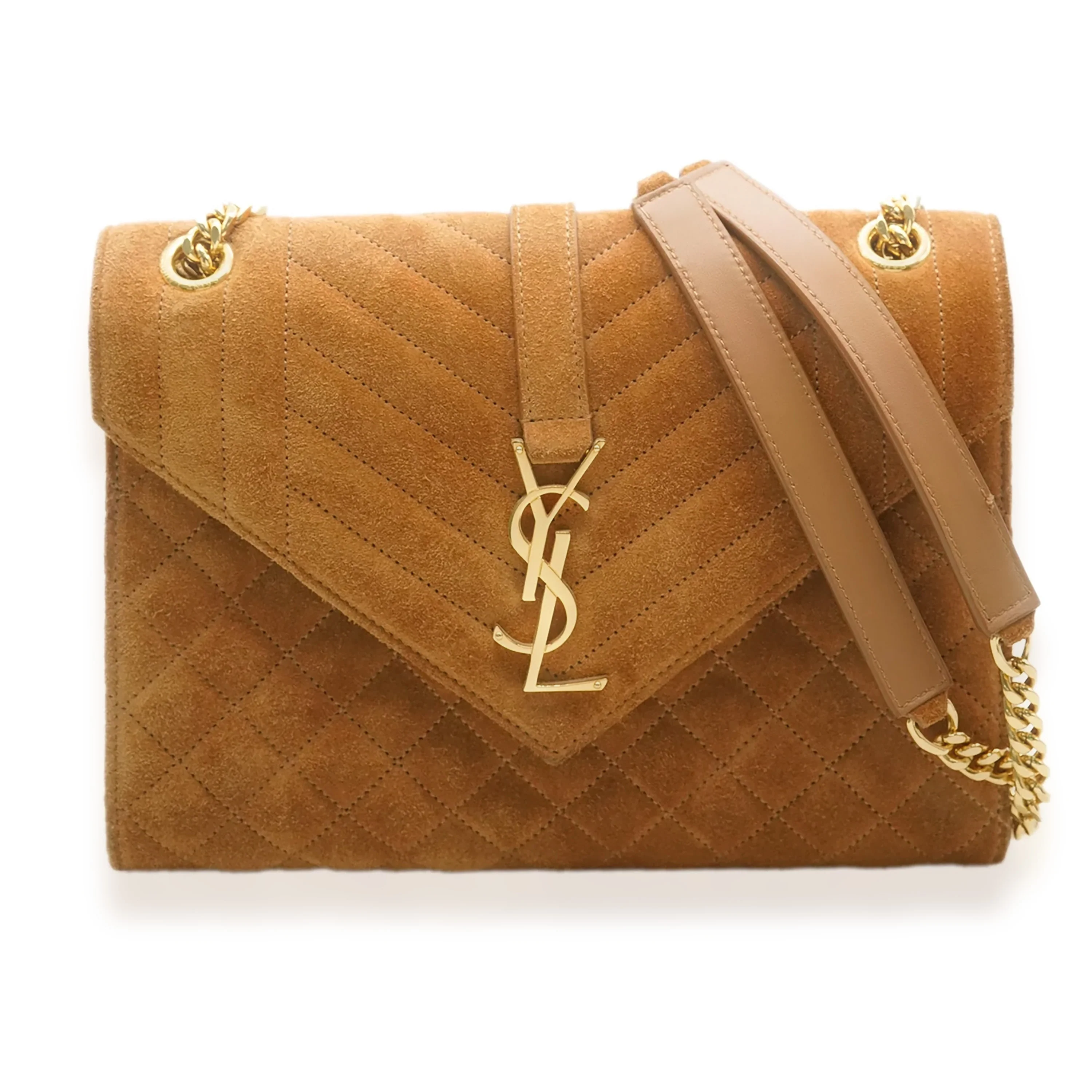 Saint Laurent Brown Suede Tri Quilt Envelope Flap Chain Bag