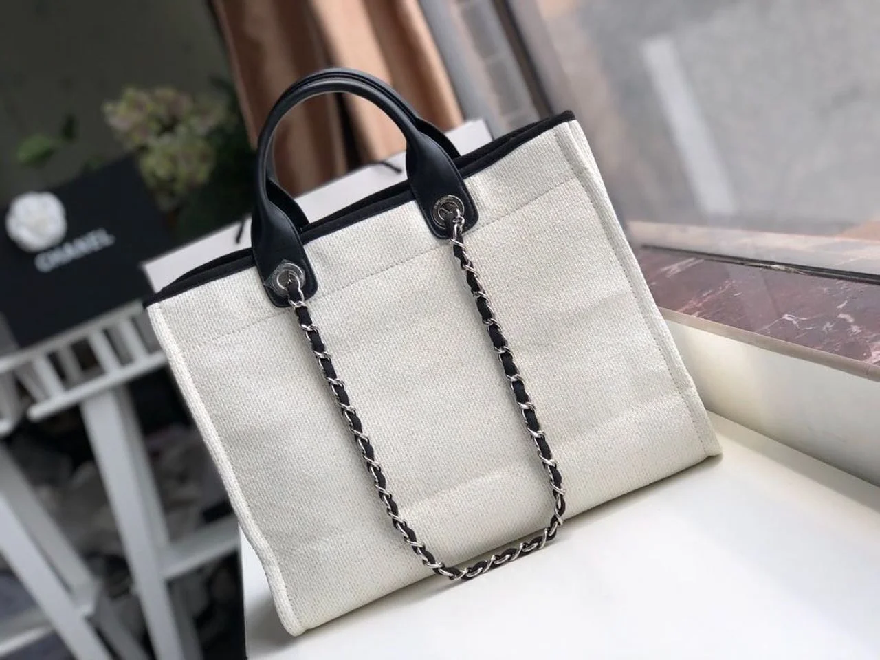Chanel Small Shopping Bag Silver Hardware White For Women, Women’s Handbags, Shoulder Bags 15.2in/39cm AS3257