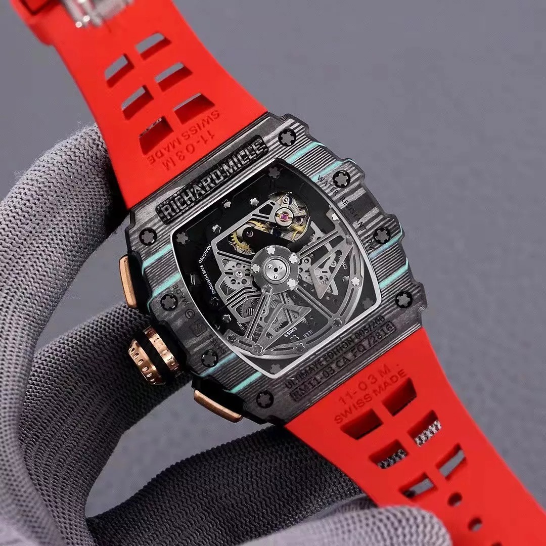 RM 11-03 Skeleton Dial Black&Blue Bezel Red/White/Black Rubber Strap KV 7750
