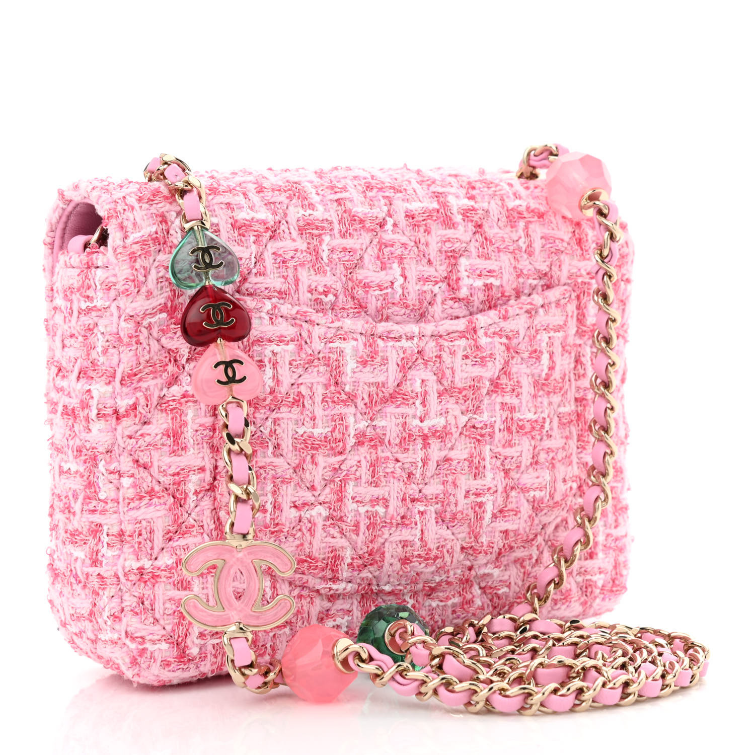 Tweed Resin Quilted Mini Heart Square Flap Pink White