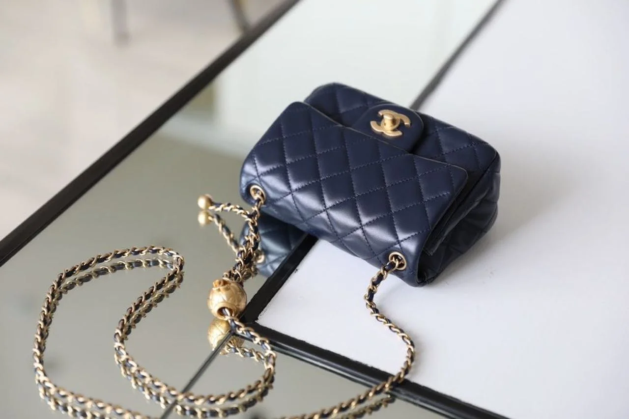 Chanel Mini Flap Bag With CC Ball On Strap Navy Blue For Women, Women’s Handbags, Shoulder And Crossbody Bags 6.7in/17cm AS1786